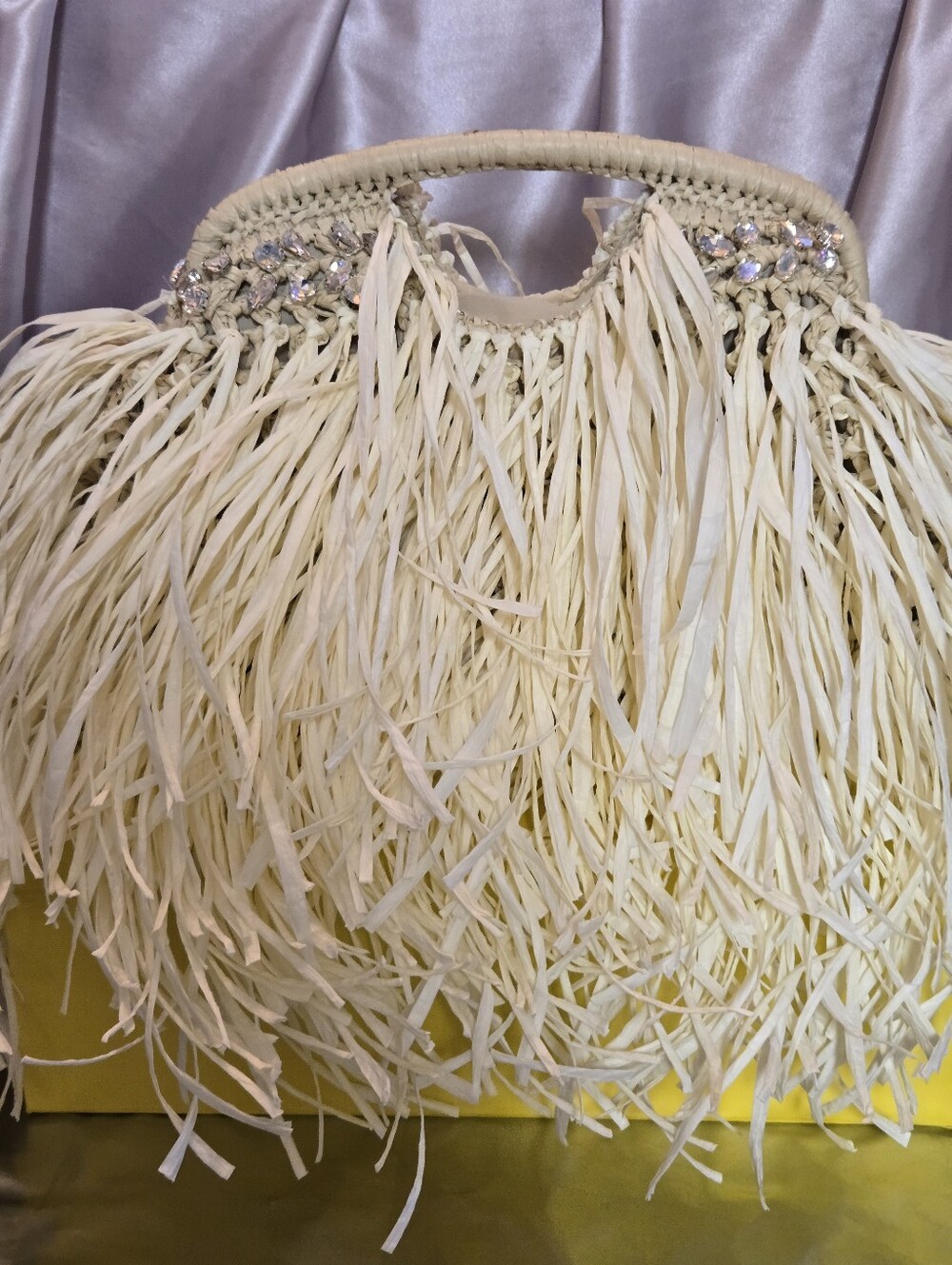 Women's Cream Fringe Handbag with Crystal Accent